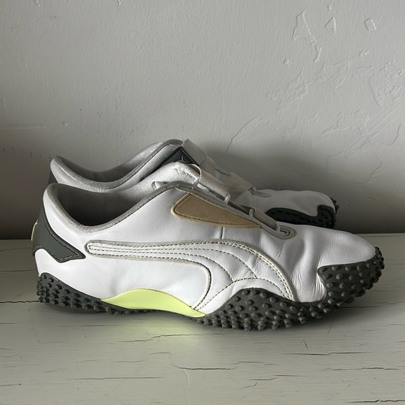 Y2K Puma Mostro Leather Sneakers Strap White Gray Yellow Sole Slip On Womens 7.5 - Picture 1 of 8